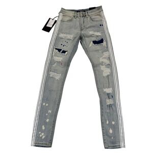 Embellish Distressed Ripped Denim Jeans White Stripe‎ Light Wash Womens Size 28